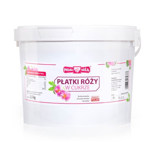 Białe plastikowe wiaderko z płatkami róży w cukrze. Na białej etykiecie ilustracja kwiatu róży.