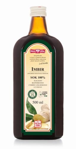 Szklana butelka z ciemnego szkła zawierająca 100% sok z imbiru lekarskiego i cytryny. Na etykiecie znajduje się informacja o naturalnym składzie, objętości 500 ml oraz grafika przedstawiająca korzeń imbiru.