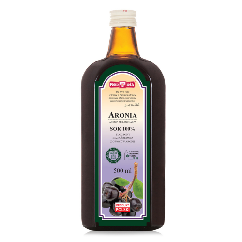 Szklana butelka z ciemnego szkła zawierająca 100% sok z aronii. Na etykiecie znajduje się informacja o naturalnym składzie, objętości 500 ml oraz grafika przedstawiająca owoce aronii.