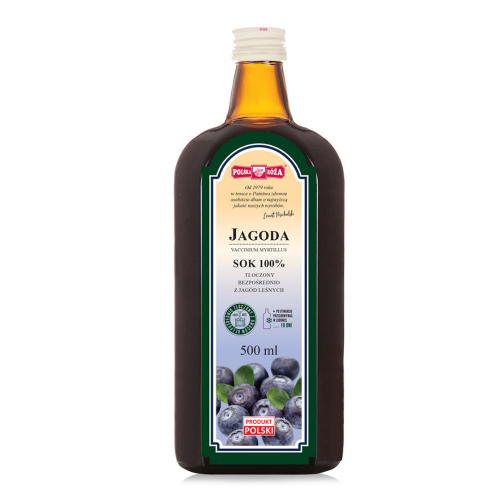 Szklana butelka z ciemnego szkła zawierająca 100% sok z jagody leśnej. Na etykiecie znajduje się informacja o naturalnym składzie, objętości 500 ml oraz grafika przedstawiająca świeże jagody.