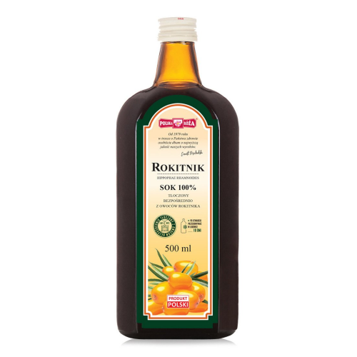 Szklana butelka z ciemnego szkła zawierająca 100% sok z rokitnika. Na etykiecie znajduje się informacja o naturalnym składzie, objętości 500 ml oraz grafika przedstawiająca owoce rokitnika.
