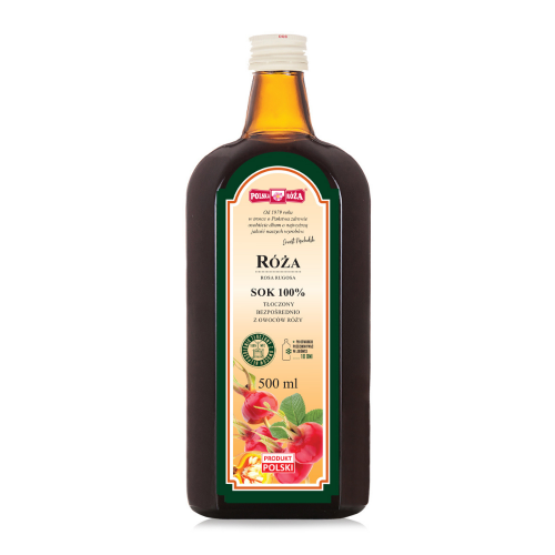 Szklana butelka z ciemnego szkła zawierająca 100% sok z róży. Na etykiecie znajduje się informacja o naturalnym składzie, objętości 500 ml oraz grafika przedstawiająca owoce róży.