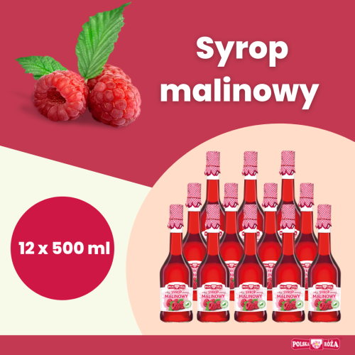 Na kolorowym tle zestaw dwunastu szklanych butelek Syropu malinowego o pojemności 500 ml.