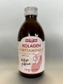 Butelka z ciemnego szkła z białą zakrętką i kremową etykietą. Zawiera suplement diety „Kolagen + Witamina C z owoców róży”. Produkt promowany jest jako eliksir piękna, zdrowe włosy, skóra i stawy, 5 porcji na 5 dni.