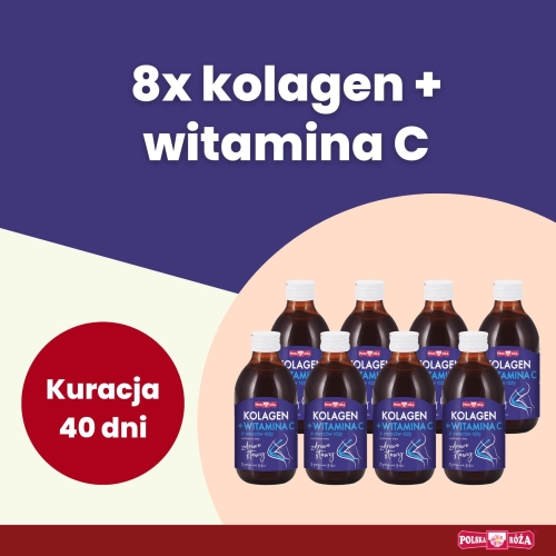Zestaw ośmiu butelek suplementu diety „Kolagen + Witamina C", przeznaczony na 40-dniową kurację. Na grafice znajduje się hasło „8x kolagen + witamina C” oraz „Kuracja 40 dni” na kolorowym tle.
