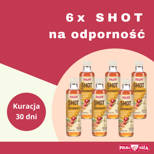 Zestaw sześciu butelek „SHOT na odporność” wypełnione mieszanką soków: kurkumy, dzikiej róży i imbiru w kolorze żółtym, przeznaczony na 30-dniową kurację.