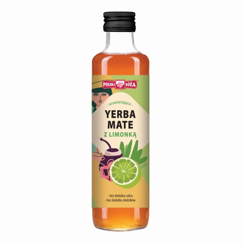 Butelka z yerba mate i limonką, orzeźwiająca bez dodatku cukru i słodzików. Etykieta przedstawia ilustrację matery z herbatą yerba mate oraz połówką limonki.